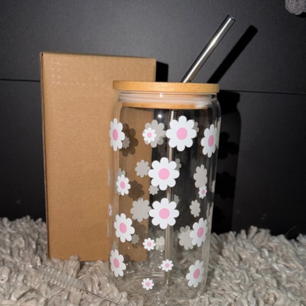 Floral Glass Tumbler with Metal Straw - Pink and White